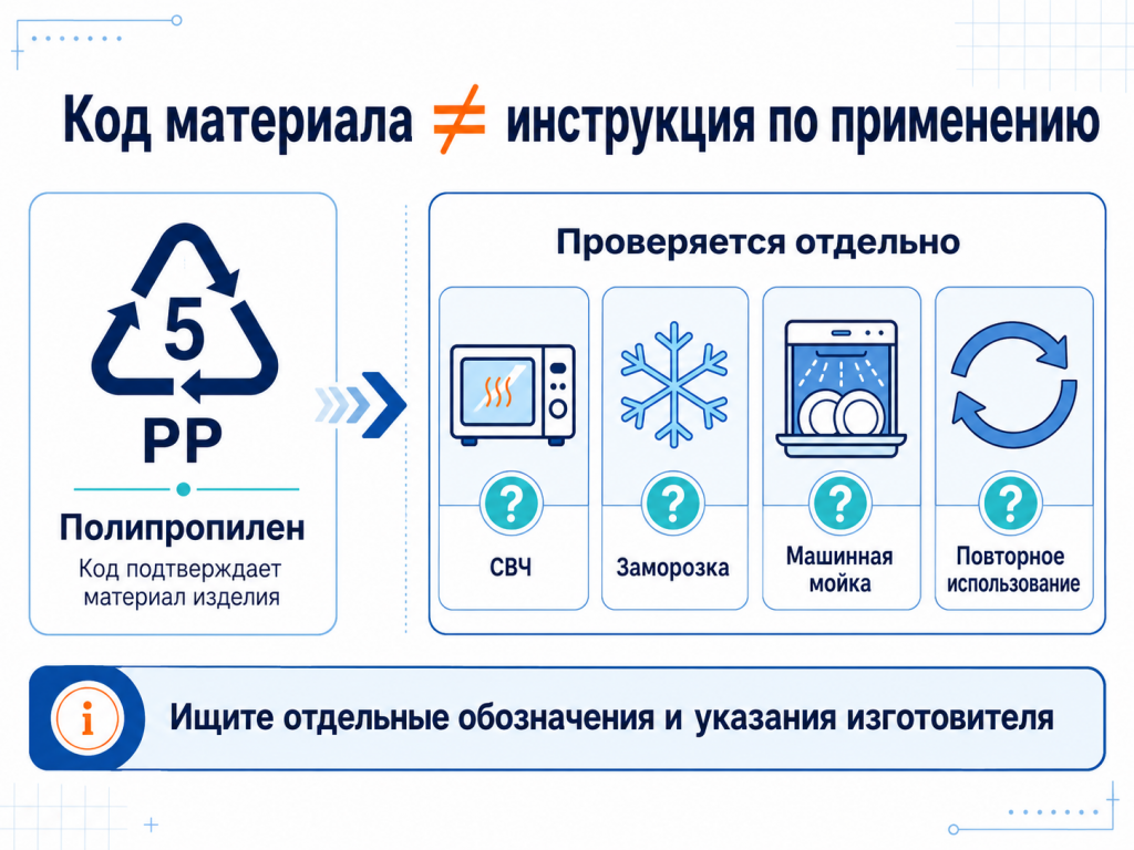 Код PP 05 обозначает полипропилен, но не разрешает автоматически СВЧ, заморозку, мойку и повторное использование