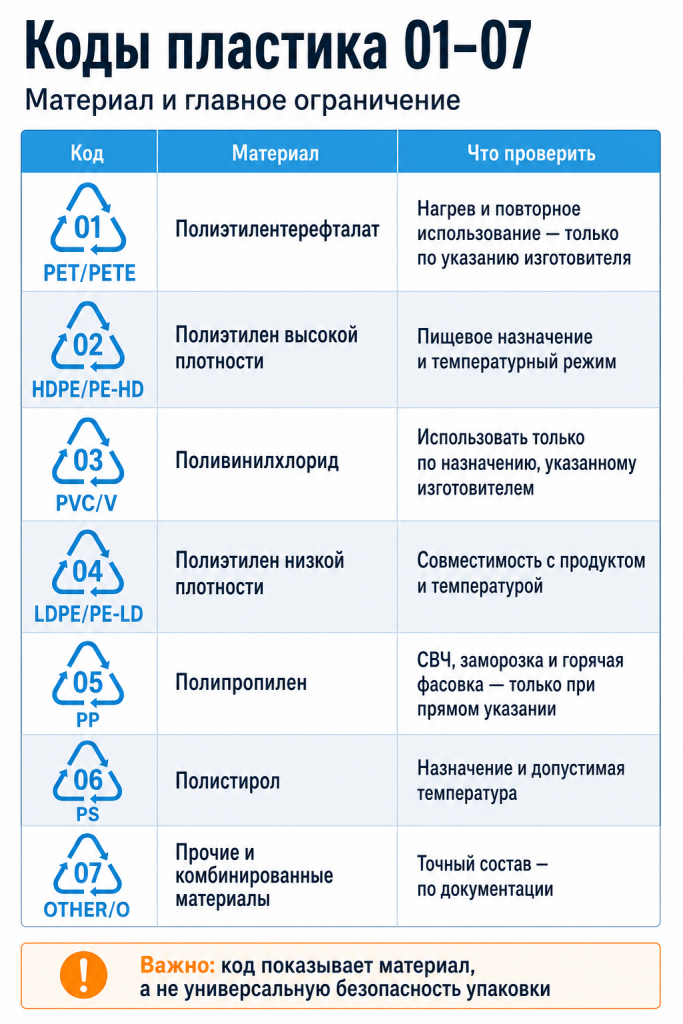 Коды пластика 01–07: материалы и ограничения по применению