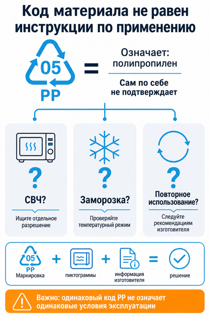 Почему код PP 05 не подтверждает возможность нагревания, заморозки и повторного использования